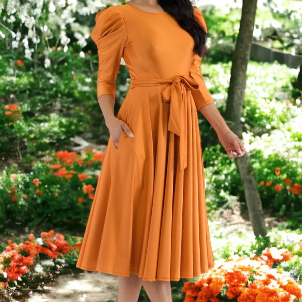 Puff Sleeve Cocktail Dress, Sizes 1X - 3X (Orange)